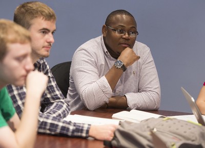 Worcester State University student Jean-Phillippe Matondo at a Student Senate meeting