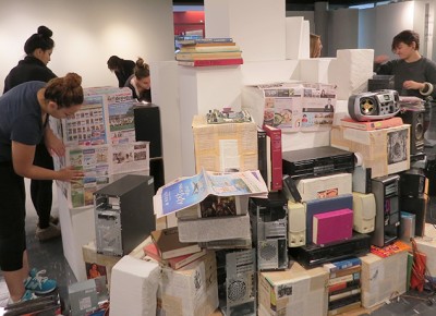 Students create Babel exhibit in Worcester State University's Dolphin art gallery.