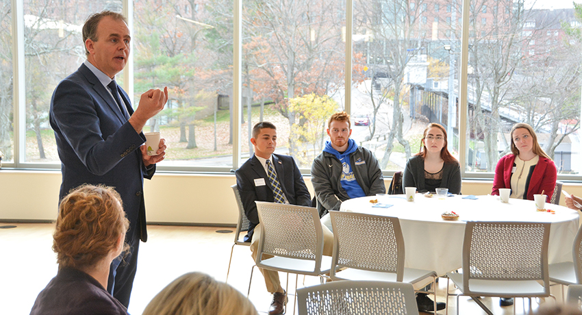 Ireland’s Minister of State for the Diaspora Joe McHugh speaks to Worcester State University students.