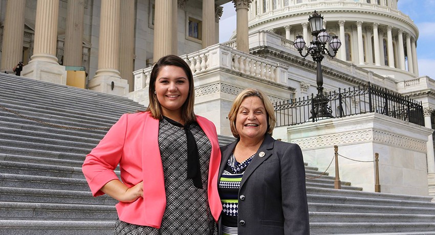 Worcester State University student Alexandria Murphy stands with Congresswoman Ileana Ros-Lehtinen on the Capitol steps.