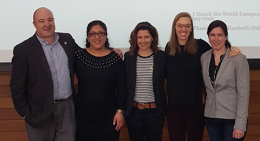 Lisa DiGiovanni (center) stands with facullty in Worcester State University's World Languages Department