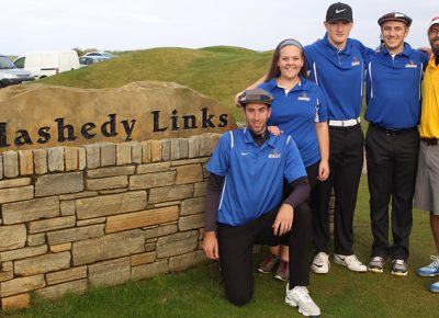 Members of the Worcester State Golf Team and coach in Ireland