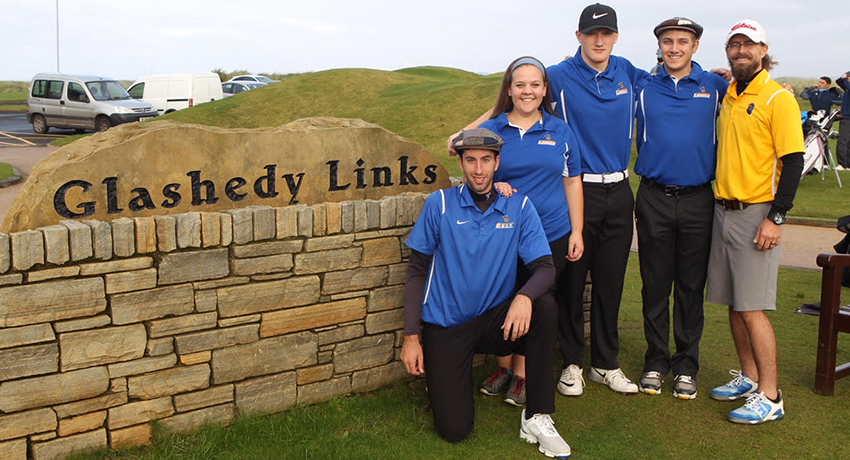 Members of the Worcester State Golf Team and coach in Ireland