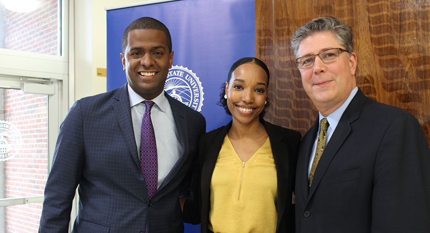Bakari Sellers with Jess Evora, assistant director of student involvement and leadership development, and president Barry Maloney